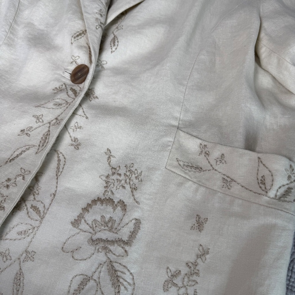 J Jill 100% Linen Blazer Womens Large Cream Beige Jacket Floral Embroidery - Picture 6 of 9